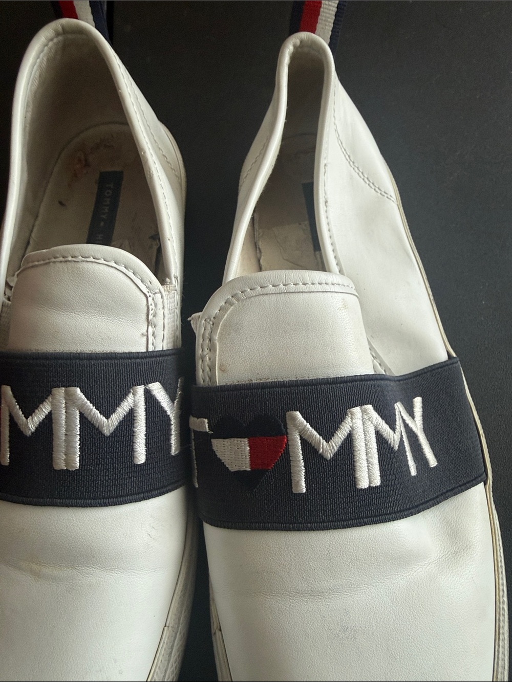 Women’s Tommy Hilfiger White Slip-On Loafers with Navy Logo Band and Red Accent - Picture 4 of 6
